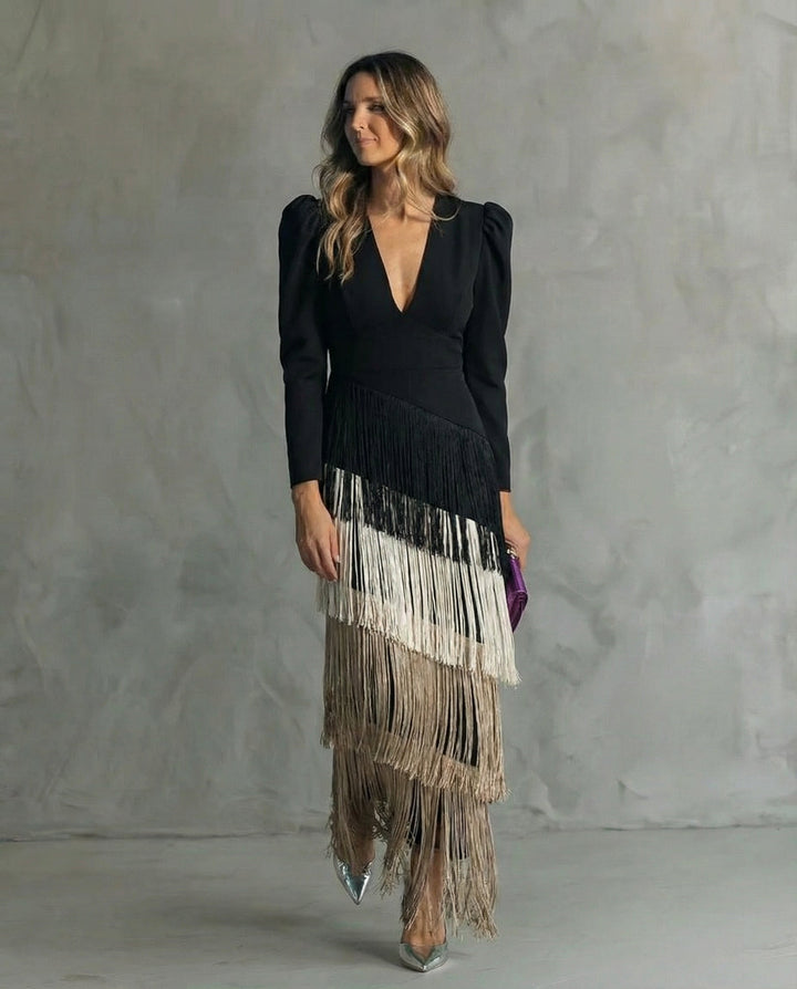 Charlotte | Robe midi élégante avec manches à franges