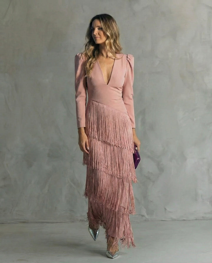 Charlotte | Robe midi élégante avec manches à franges