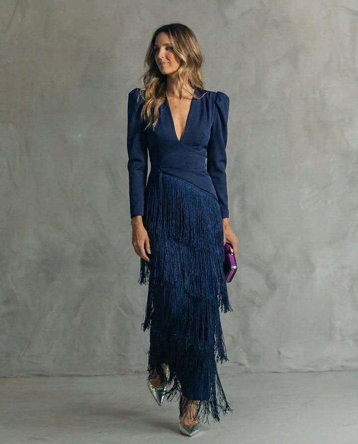 Charlotte | Robe midi élégante avec manches à franges