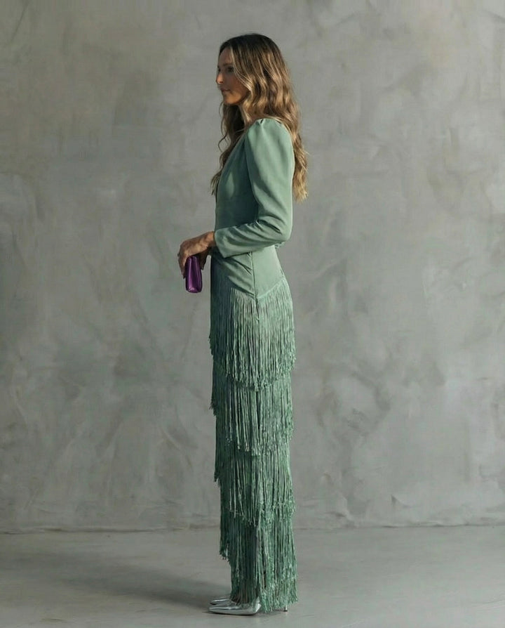 Charlotte | Robe midi élégante avec manches à franges