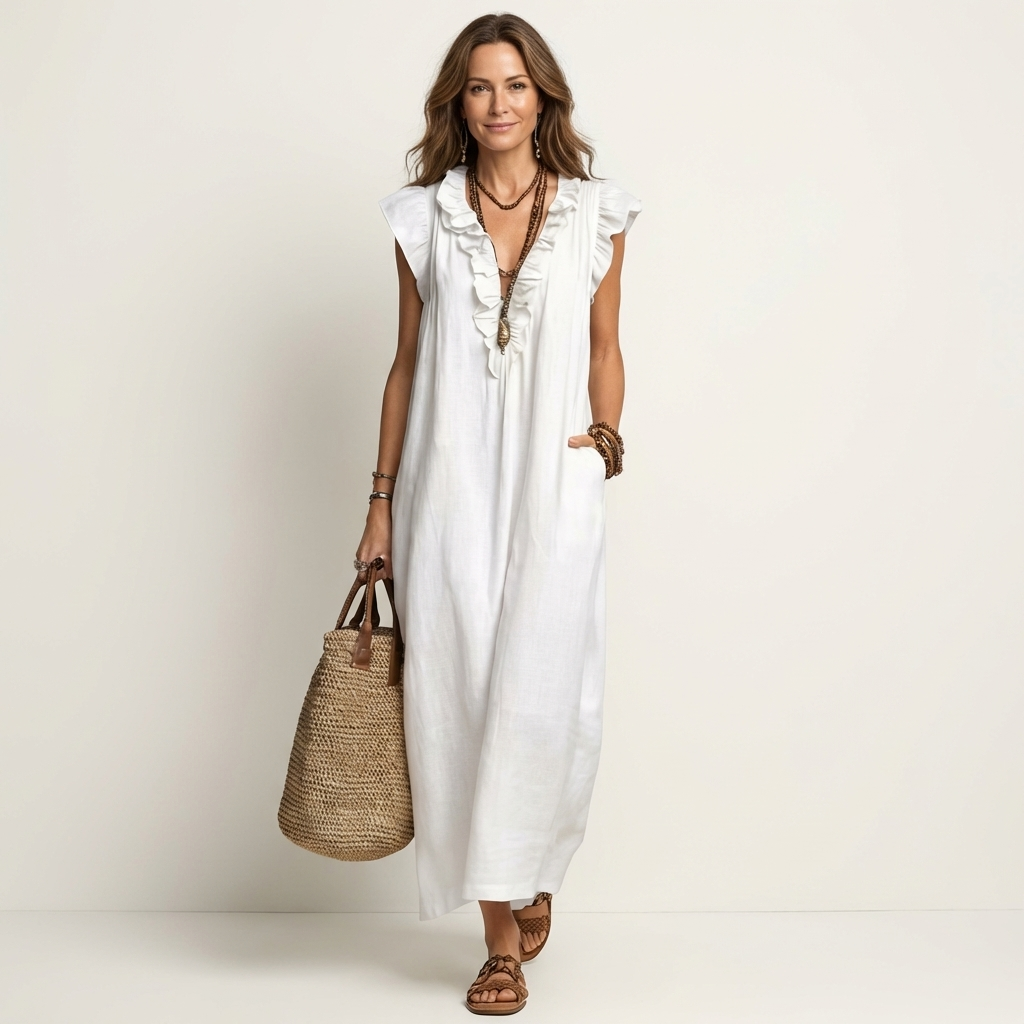 Janine | Robe Maxi en Lin à Col V Volanté