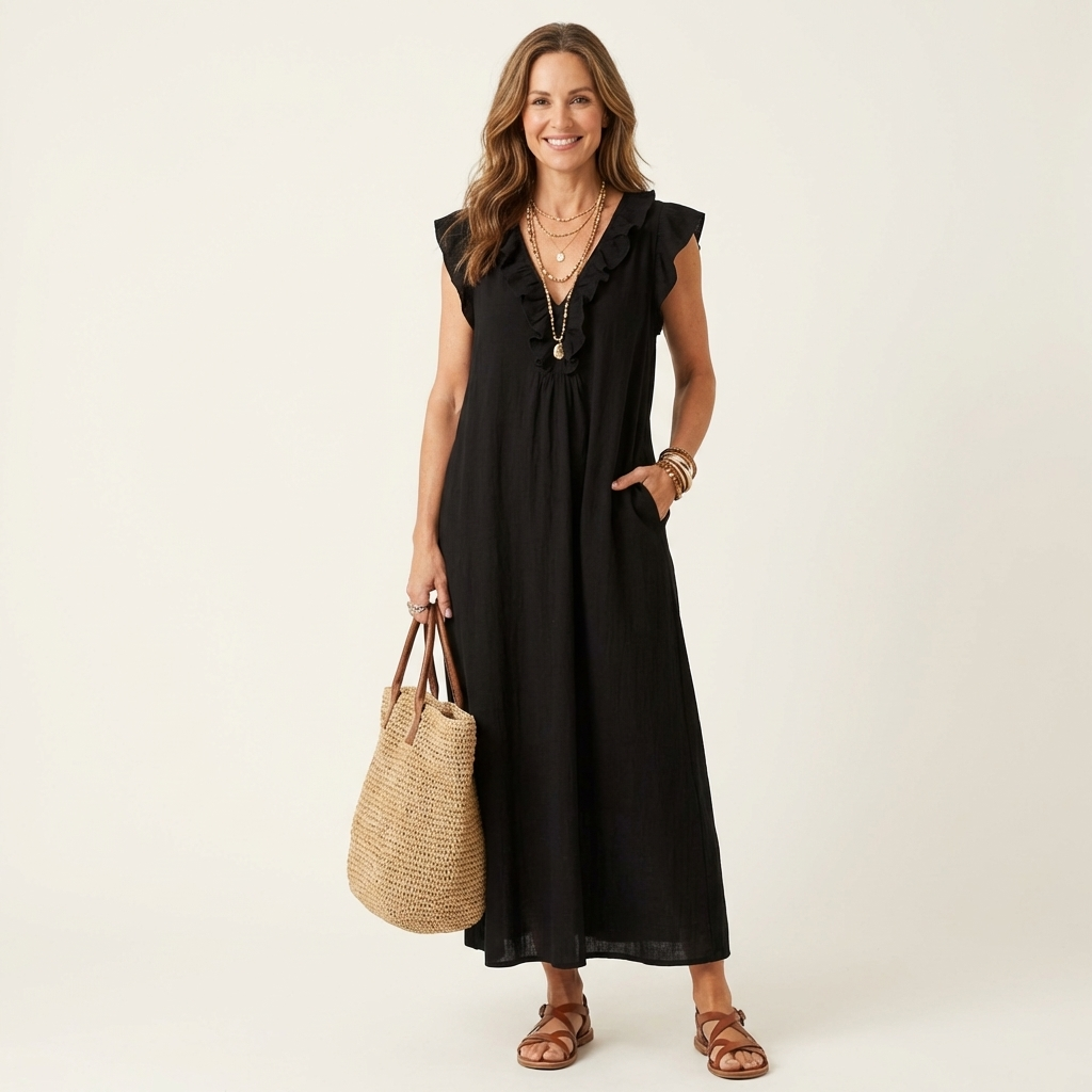 Janine | Robe Maxi en Lin à Col V Volanté