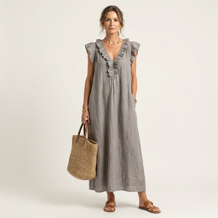 Janine | Robe Maxi en Lin à Col V Volanté