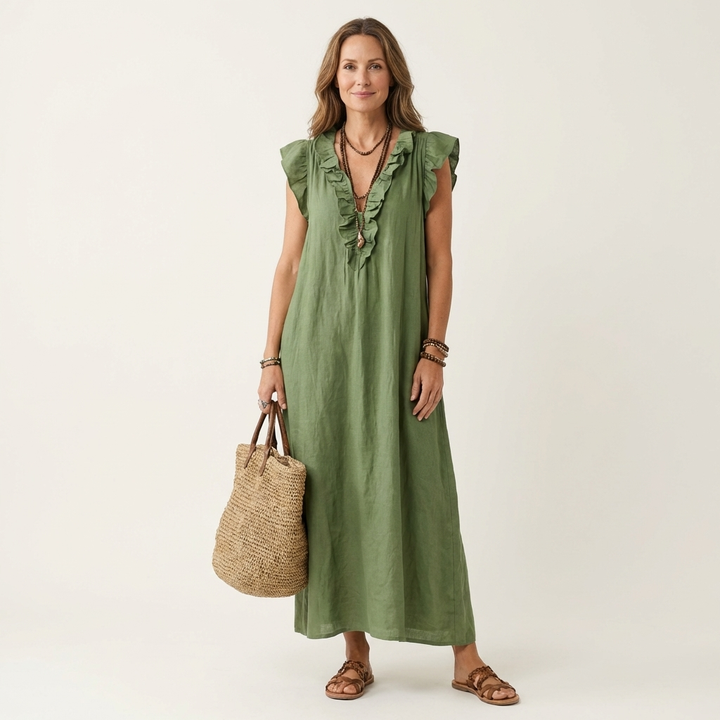 Janine | Robe Maxi en Lin à Col V Volanté