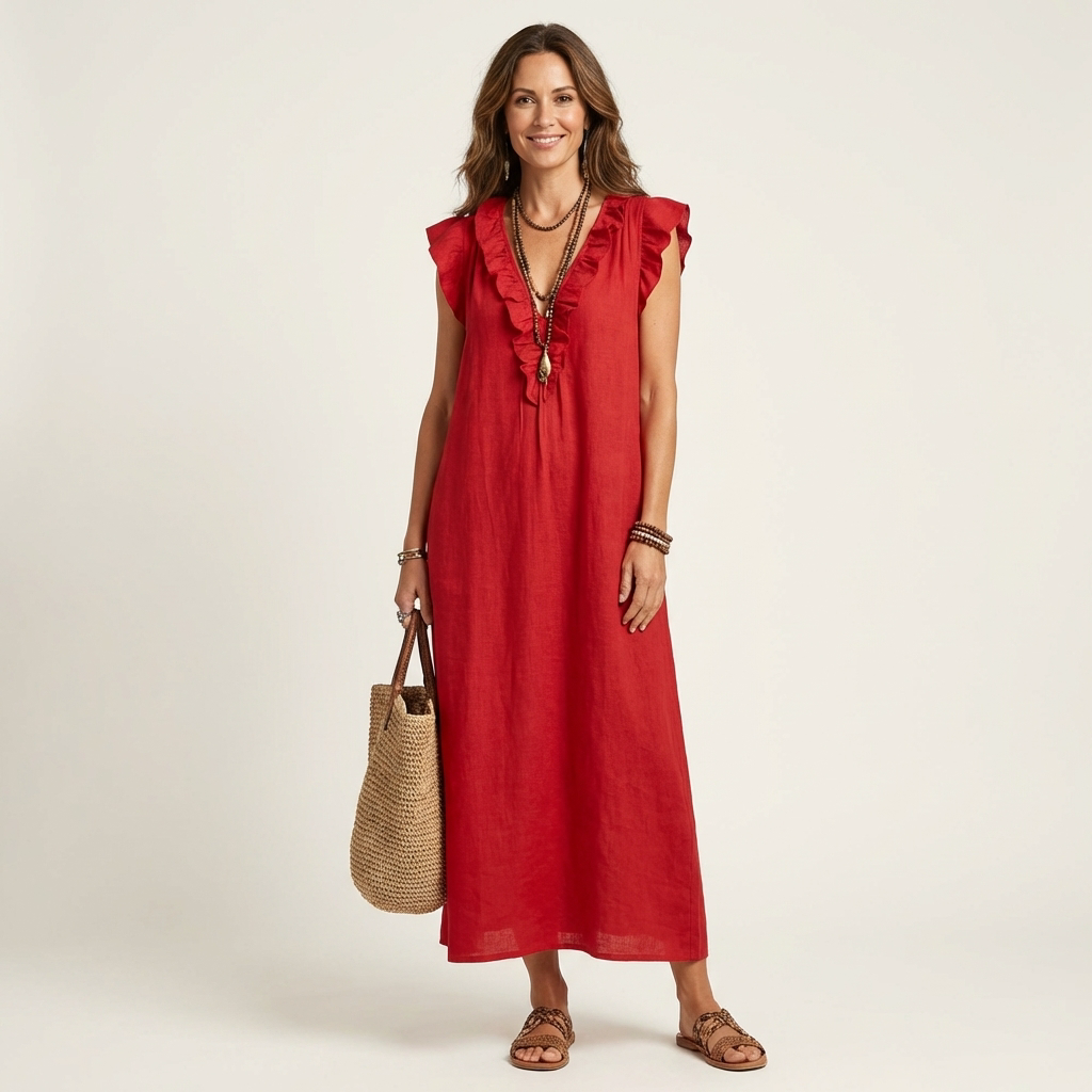 Janine | Robe Maxi en Lin à Col V Volanté