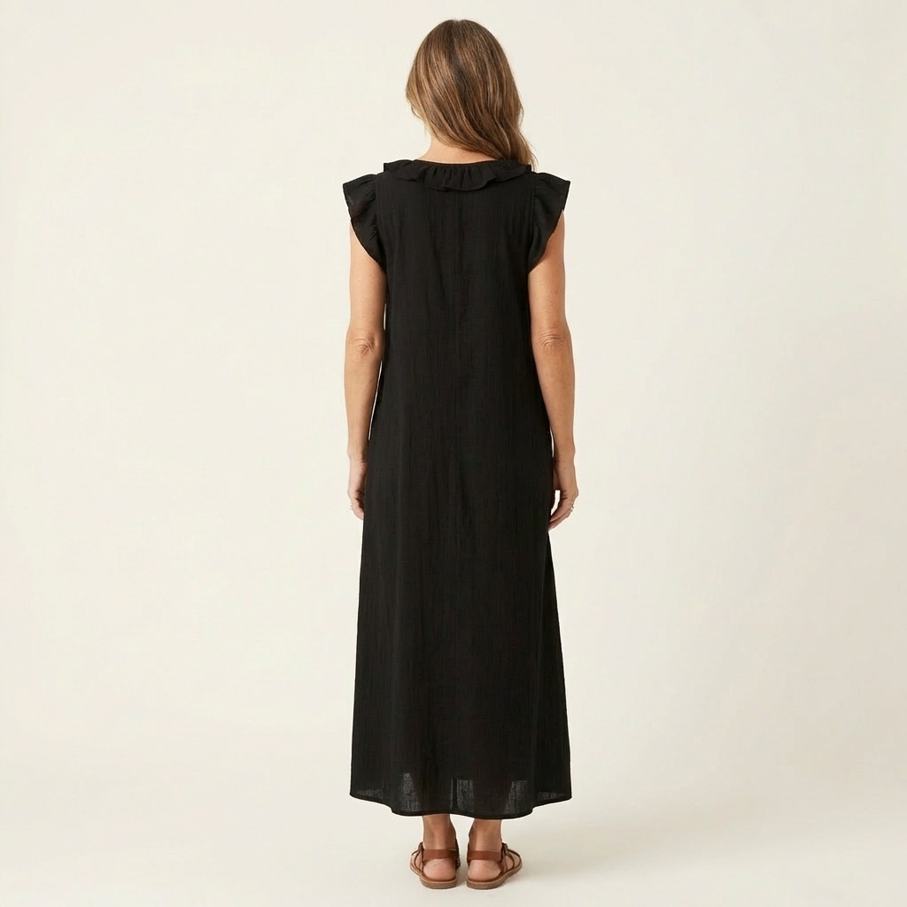 Janine | Robe Maxi en Lin à Col V Volanté