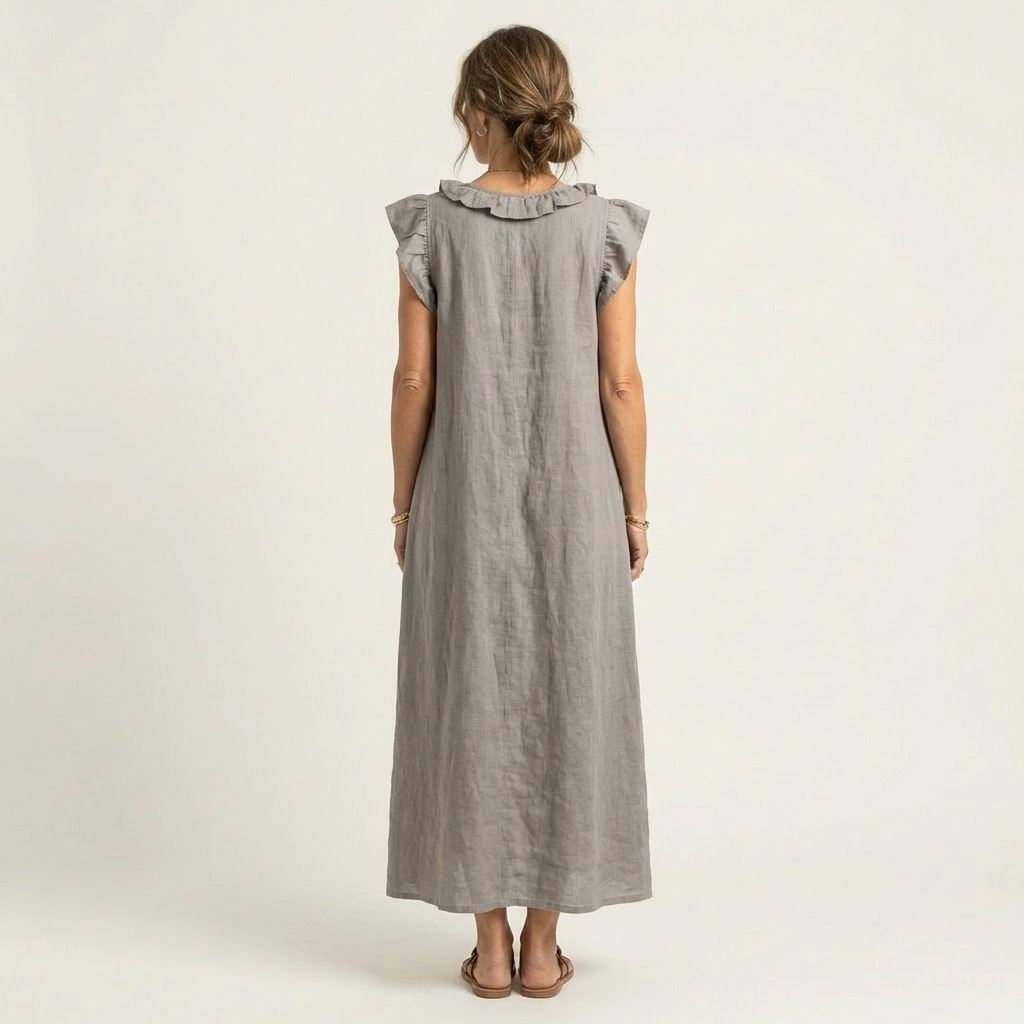 Janine | Robe Maxi en Lin à Col V Volanté