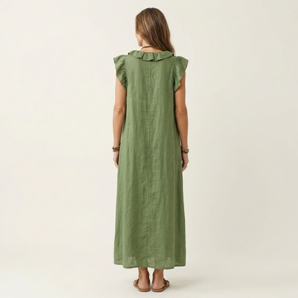 Janine | Robe Maxi en Lin à Col V Volanté