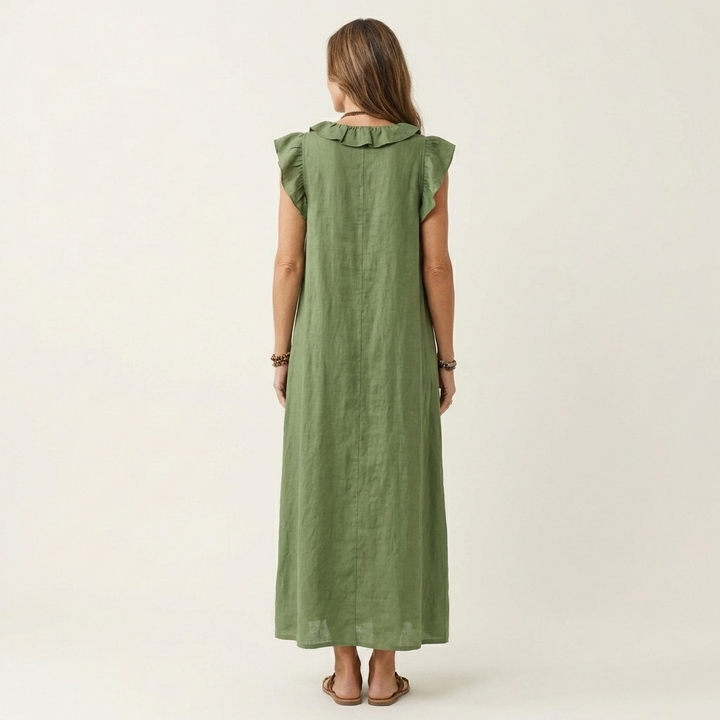 Janine | Robe Maxi en Lin à Col V Volanté