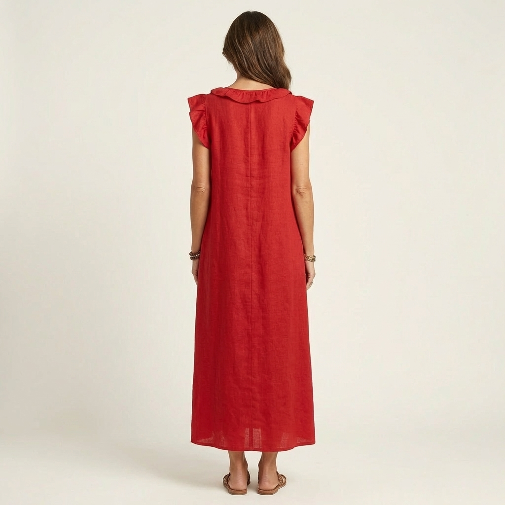 Janine | Robe Maxi en Lin à Col V Volanté