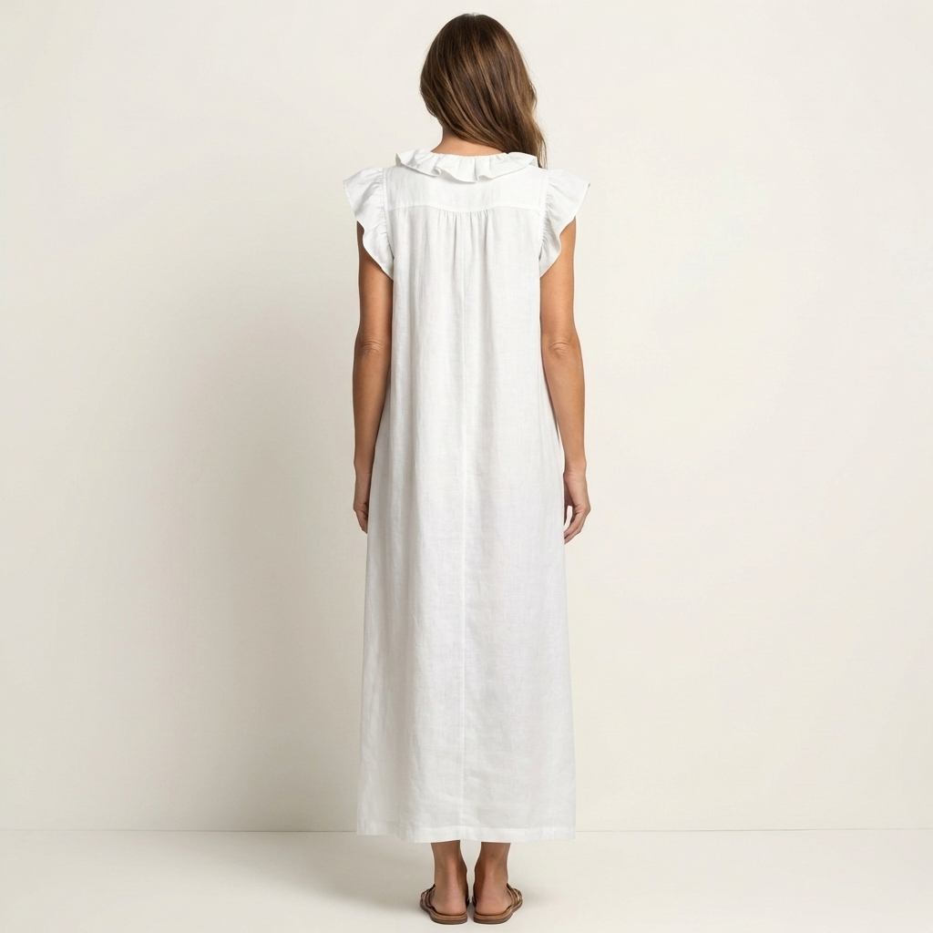 Janine | Robe Maxi en Lin à Col V Volanté