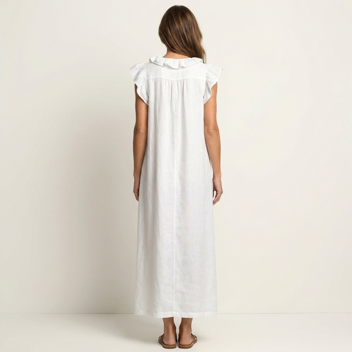 Janine | Robe Maxi en Lin à Col V Volanté