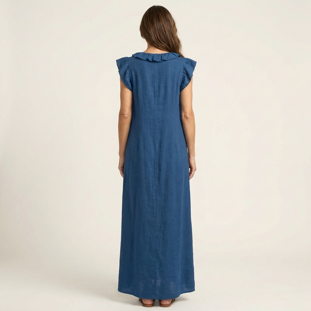 Janine | Robe Maxi en Lin à Col V Volanté
