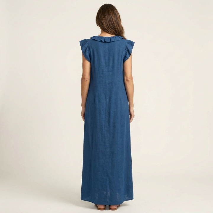 Janine | Robe Maxi en Lin à Col V Volanté