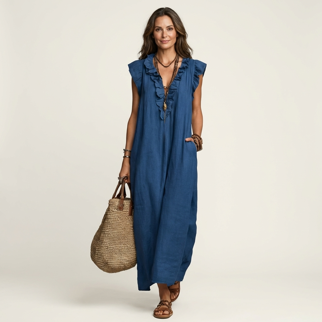 Janine | Robe Maxi en Lin à Col V Volanté