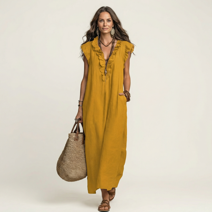 Janine | Robe Maxi en Lin à Col V Volanté
