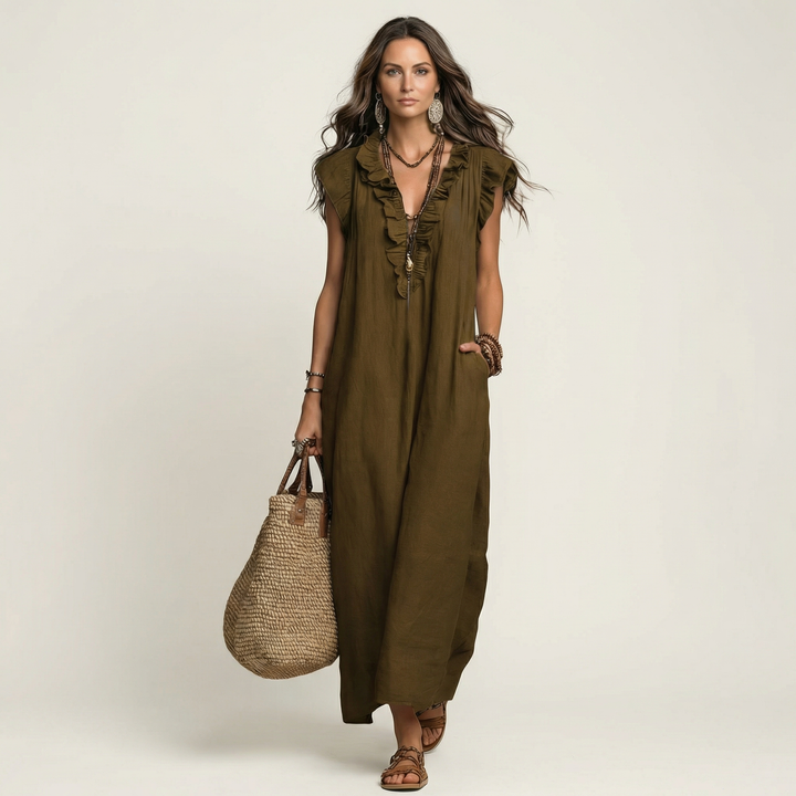 Janine | Robe Maxi en Lin à Col V Volanté