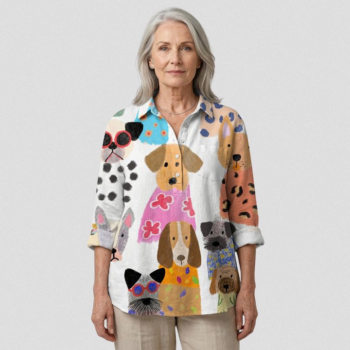 Brigitte | Chemise décontractée imprimée de chiot coloré et amusant pour femmes