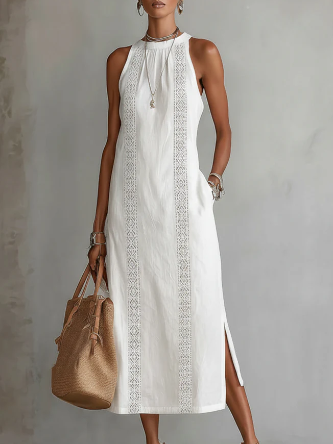 Cassandre | Robe Midi Sans Manches avec Détails en Dentelle