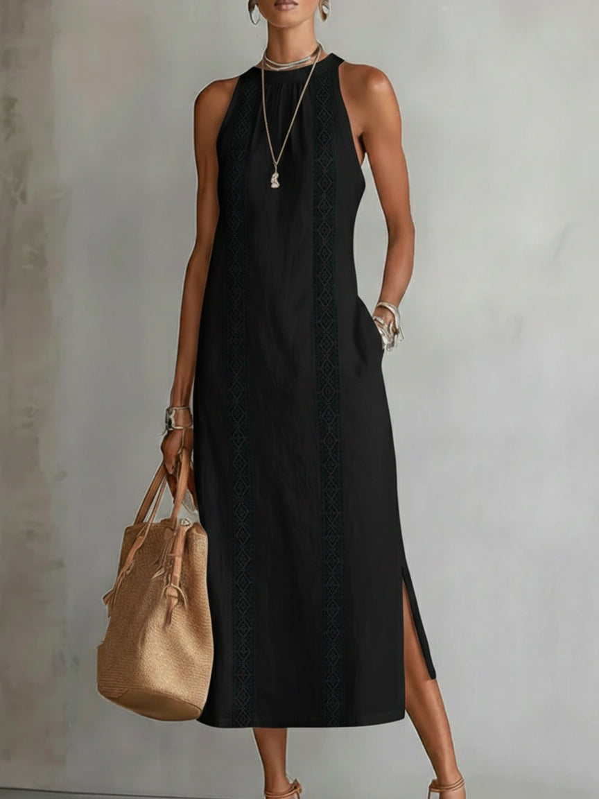 Cassandre | Robe Midi Sans Manches avec Détails en Dentelle