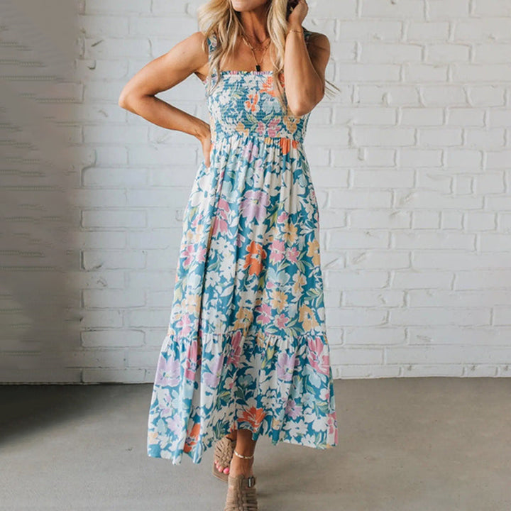 Floryn | Robe Maxi Florale à Corsage Froncé et Bretelles Ajustables
