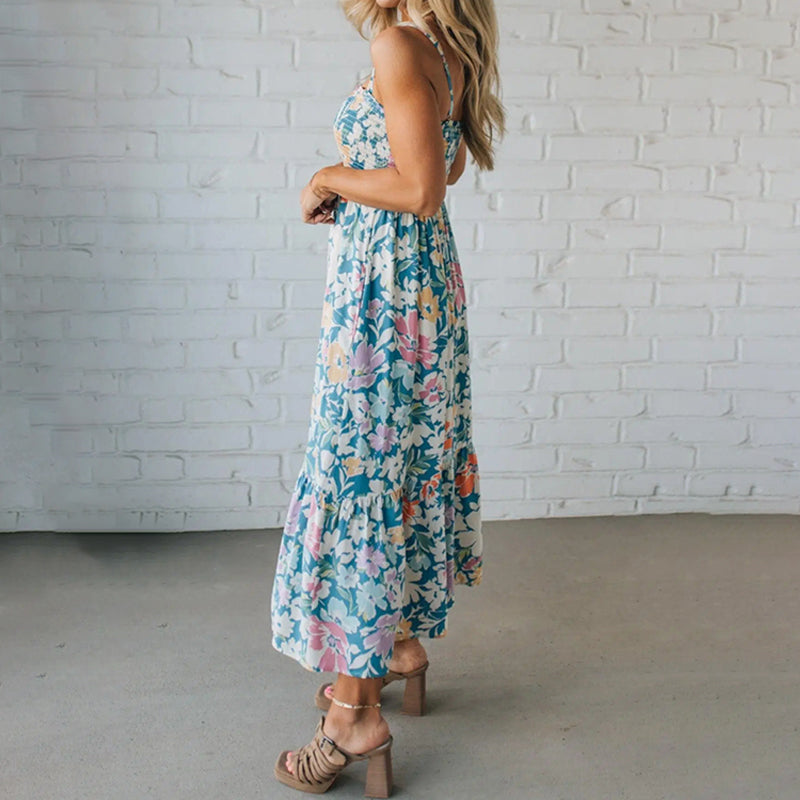 Floryn | Robe Maxi Florale à Corsage Froncé et Bretelles Ajustables