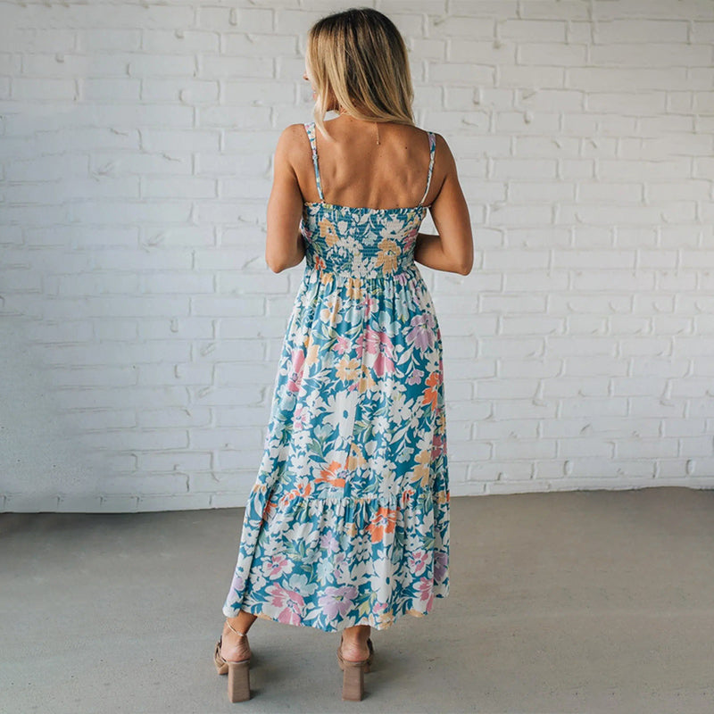 Floryn | Robe Maxi Florale à Corsage Froncé et Bretelles Ajustables