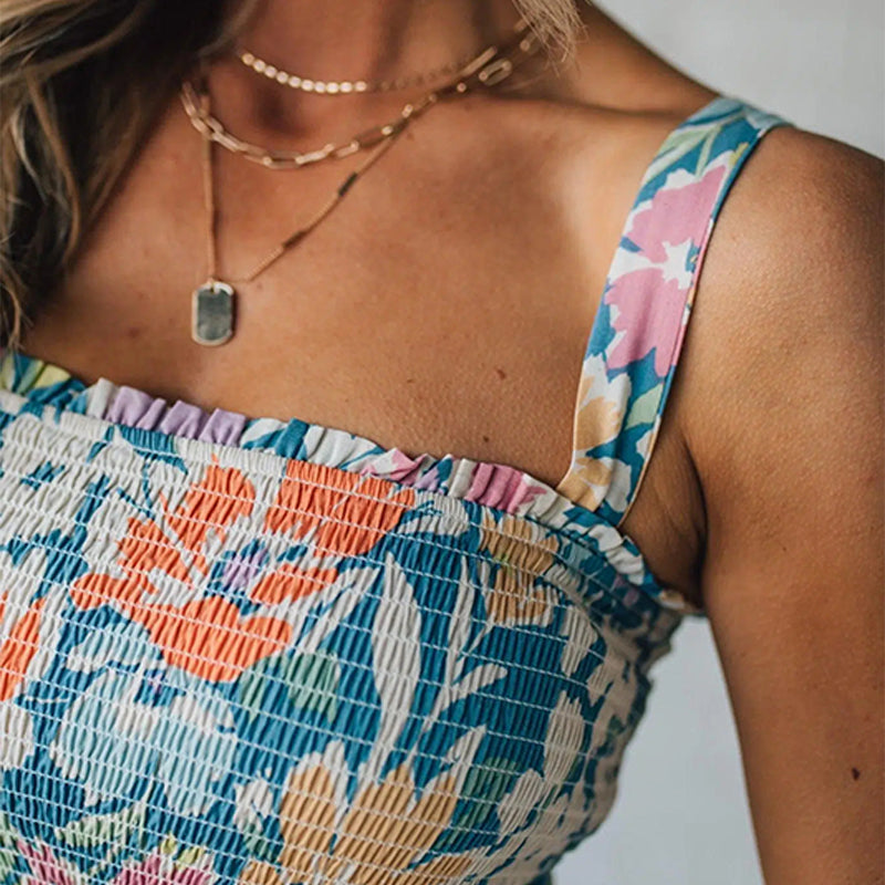 Floryn | Robe Maxi Florale à Corsage Froncé et Bretelles Ajustables