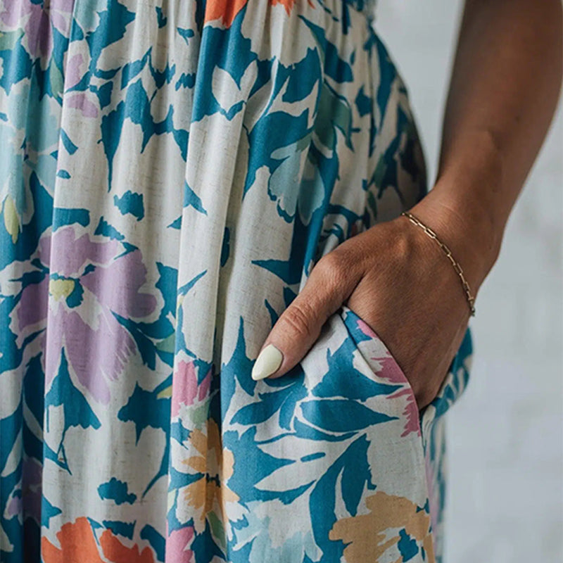 Floryn | Robe Maxi Florale à Corsage Froncé et Bretelles Ajustables