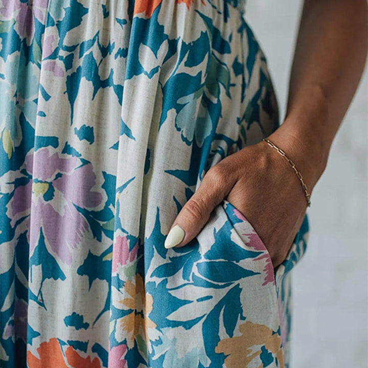 Floryn | Robe Maxi Florale à Corsage Froncé et Bretelles Ajustables